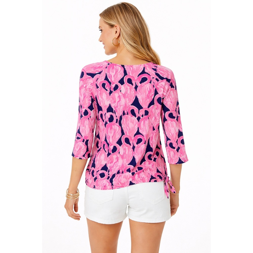 Lilly Pulitzer Via Amor Pink Waverly Flamingo Robyn Top 3/4 Sleeve Women's Large - Picture 2 of 7